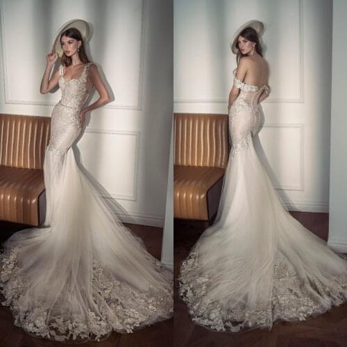Equisite Mermaid Wedding Dresses Lace Beads Appliques Straps Trumpet Bridal Gowns Sweep Train Bohemian Robe De Soirée