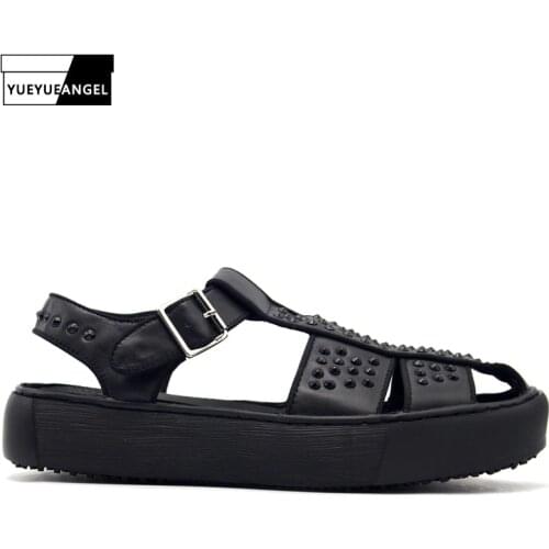 2019 Luxury Handmade Mens Rivets Thick Platform Shoes Ankle Buckle Genuine Leather Classic Black White Male Casual Beach Sandals