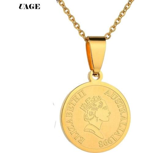 UAGE Stainless steel Fashion women coins small pendant Choker rolo Necklace 10 cent pound Elizabeth II round charms necklace