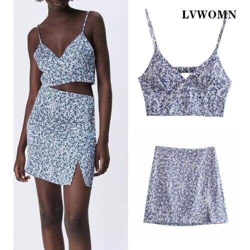 LVWOMN 2 Piece Set Za Women Summer Printed Short Top+High Waist Casual Mini Skirt Woman Elegant Vacation Women Clothes Chic Set