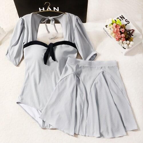 2021 New Women Short Sleeve One Piece Swimwear Padded Bathing Suit with Skirt Summer Sexy Swimsuit Female Swimming Holiday Wear