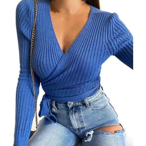New Women Basic Sweater Ribbing V Neck Autumn Winter Solid Color Long Sleeve Bandage Knitted Tunic Top Pullover Streetwear
