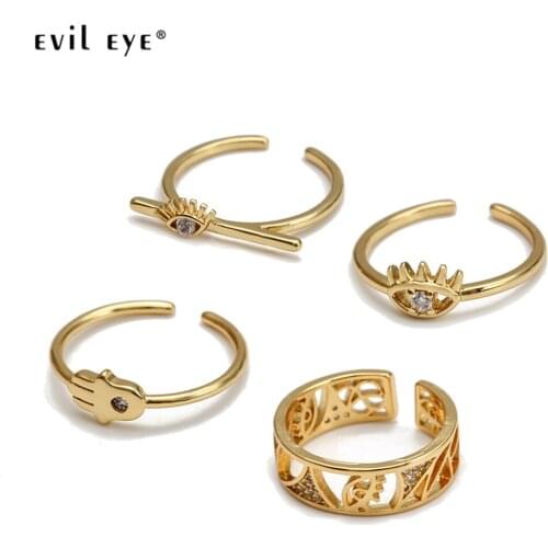 EVIL EYE Micro Pave Zircon Turkish Evil Eye Open Ring Gold Color Copper Fatima Hand Adjustable Ring Jewelry for Women Men BE275