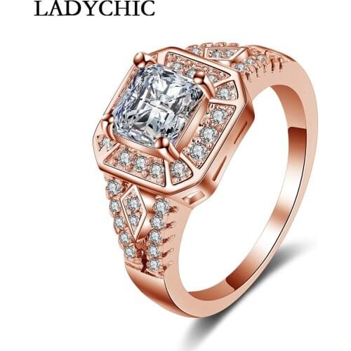 LADYCHIC Princess Cut Zircon Vintage Rings Rose Gold Color Square Wedding Ring Paved CZ Crystal Exquisite Bijoux Jewelry LR1031