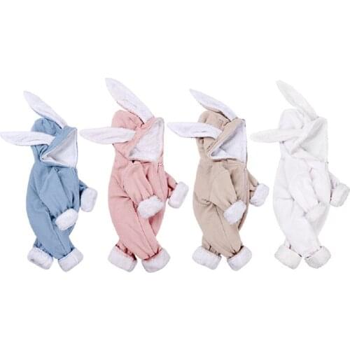 Baby Rabbit Ear Rompers Winter Plush Jumpsuits For Baby Boys One Piece Zipper Coat Outfit Newborn Girls Solid Hoodies Overall