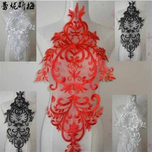 1Pc Ivory, White, Red 28X 61cm Polyester Embroidered Lace Flower Wedding Dress Back Diy Flower Lace Applique Material BD0171