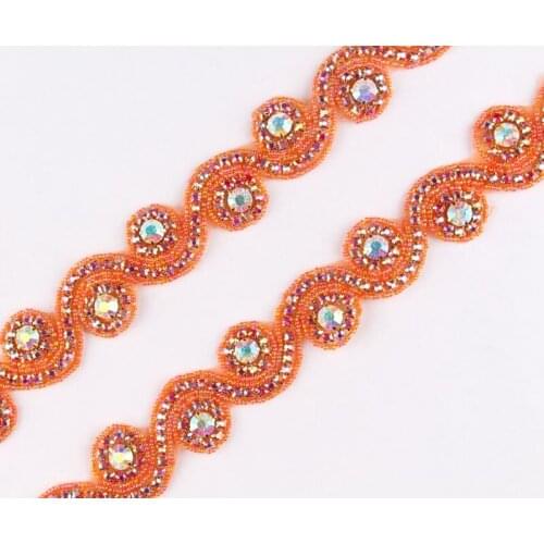 10Yard Sew On Orange Design Bling Rhinestone Applique Trim Luxurious Hot Fix Beaded Crystal Trimming For Girl Wedding Decoration