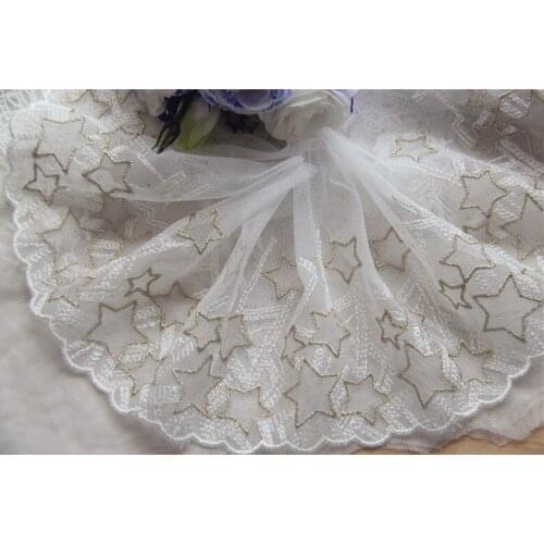 2yards/lot 11cm wide Gold Thread Star Embroidered Mesh Lace Trim diy Textile Decoration White X1075