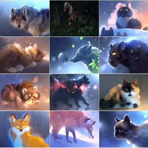 5D Diy Diamond Painting Wolf Cat Fox Cross Stitch Kit Mosaic Embroidery Cartoon Animal Art Picture Home Wall Decor Gift Hobby
