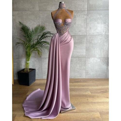 Aso Ebi 2021 Arabic Plus Size Lilac Lace Beaded Evening Dresses High Neck Sexy Sheath Prom Formal Party Second Reception Gowns