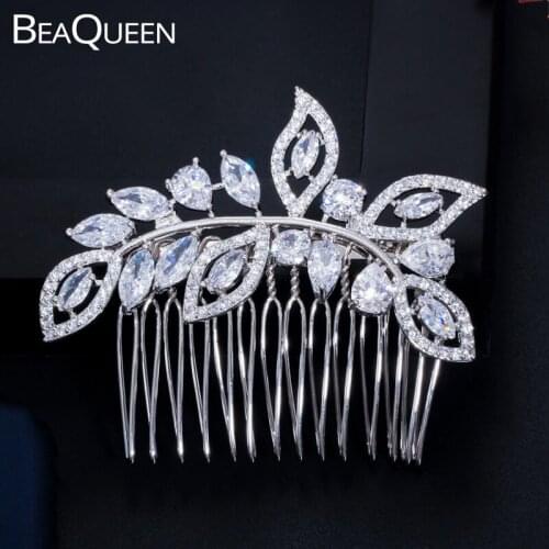 BeaQueen Luxury Leaf Shape Marquise Cubic Zirconia Big Wedding Hair Combs Barrettes Bridal Headpieces Jewelry Accessories H006