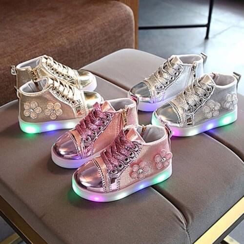 Children Casual Shoes Sneakers Baby Girls Floral Crystal Led Light Luminous Running Sport Boots Shoes Anti-slip Baby Shoes