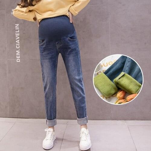 Pregnant women plus cashmere jeans winter fashion pregnant women daddy pants thick loose casual warm tide mom pants