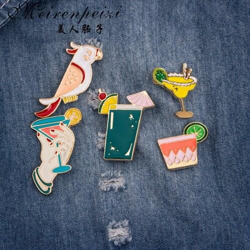 Enamel Pin For Women Cute Cartoon Lemon Cup Parrot Beach Cup Badge Brooch Pins Lapel Fashion Jewelry Brooches Xmas Gift