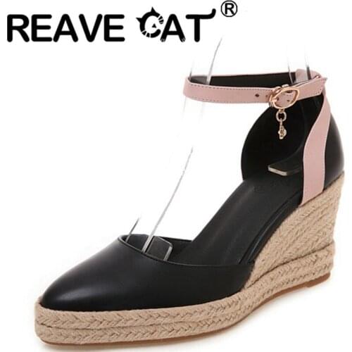 REAVE CAT 2021 Fisherman Espadrilles Pump Cover Heel Ankle Buckle Strap Rattan Wedges Pointed Toe 7.5cm Size 32-44 Beige A4176