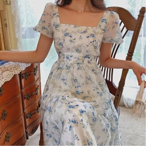 Hstar Korean A-Line Revolve Casual Party Midi Dresses 2021 Summer French Floral Dresses Women Sweet Short Sleeve Boho Dresses