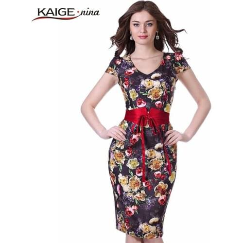 Kaige.Nina New Womens Fashion Vestidos Printing Style Short Sleeves V-Neck Belt Decoration Tight Knee-length 1607 a
