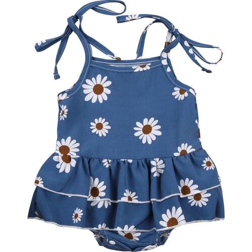 Newborn Baby Girls Rompers Dress Daisy Flower Printed Tie Up Sling Sleeveless Ruffle Layered Jumpsuits Headband