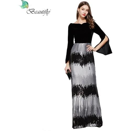 Beautifly Sequin&Velvet Black Dress Maxi Gowns Party Floor-Length Zipper Back Female Evening Elegant Womens Prom Dresses