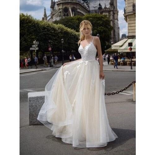 Spaghetti Straps Floral Lace Boho Beach Wedding Gowns Tulle 2021 A Line Soft Corset Princess Ivory Princess Bridal Dresses