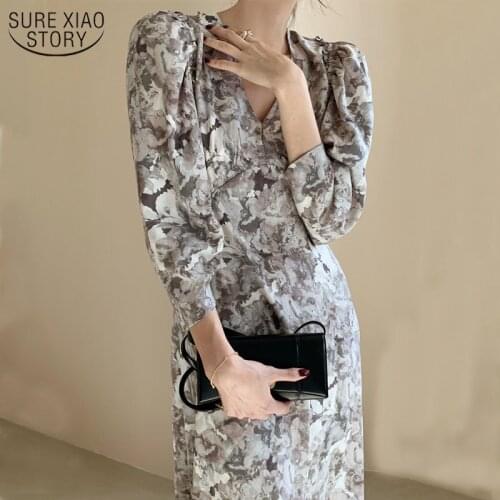 Fashion Early Autumn Winter Vintage High Waist Three Quarter Sleeve Women Dress Ink Painting Sexy V Collar Dress Woman 12152