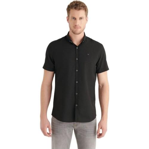 Mens Slim Fit Short Sleeve Shirt Smooth Material Standard-fit Plain Buttoned Collar Slim Fit Short Sleeve Voile Shirt