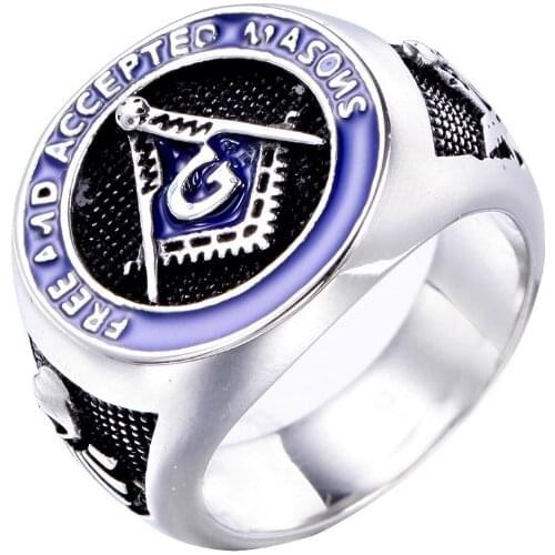 New Masonic Gold color Ring For Men Silver 316L Stainless Steel Casting Blue Enamel Ring Master Mason Signet Mens Rings