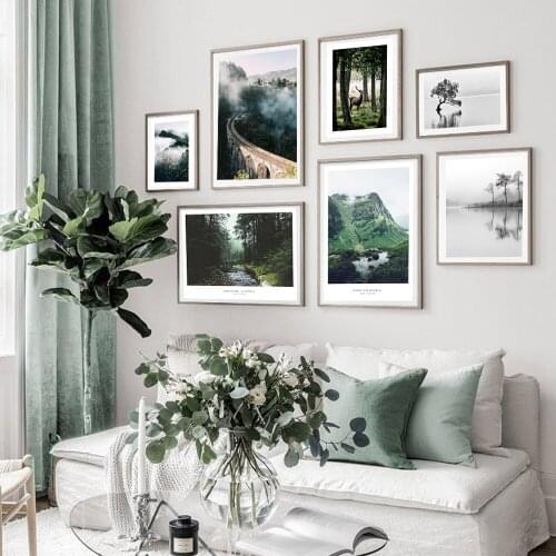 Scandinavian Nature Landscape Wall Art Poster Mountain Fog Forest Print Animals Painting Decorative Picture Modern Home Decorati