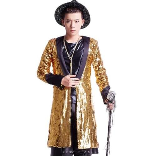 2020 New Men Gold Tuxedo Jacket Stage Costumes For Singer Sequin Tuxedo Jacket Green Gold Tuxedo Blazer Gold Sequin Jacket Coat
