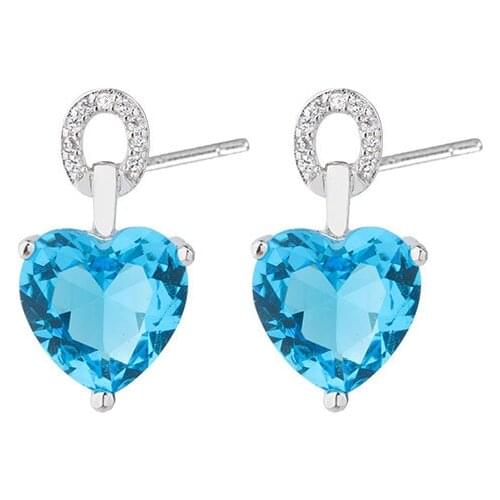 OMYFUN Factory Wholesale Female Heart Stud Earrings Copper Blue/Tourmaline Color Crystal Jewelry Simple Brazil Brincos Arete E63