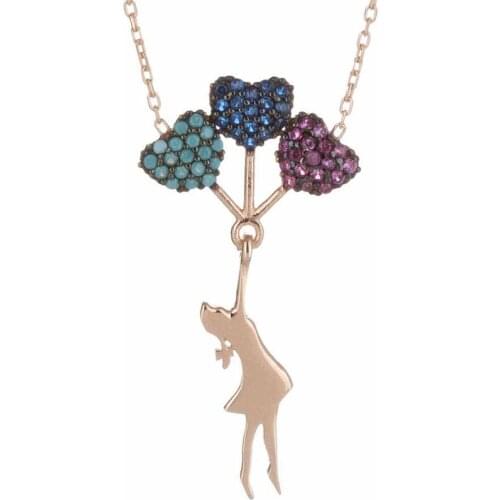 Women Heart Balloon Model Multi Colored Zircon Gemstone Necklace Solid 925 Sterling Silver Made in Turkey Women For Gifts