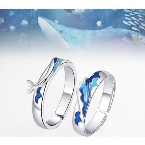 1pair Sea and Whale Paired Couple Rings for Lovers Best Friends bff Couple Finger Ring Fashion Adjustable Open Ring Jewelry Gift