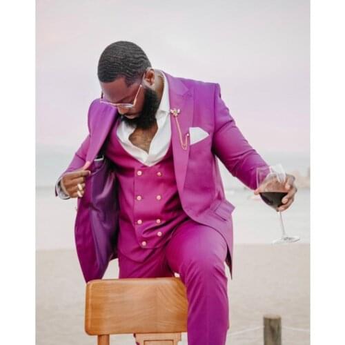 Jacket+Pants+Vest) Causul Plus size Formal Business Male Suit Pueple Peak Lapel Tuxedo Wedding Man Blazer 3 Piece Custom Made