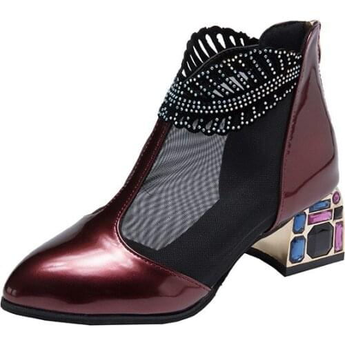 Casual sandals Thick-heeled Patent Leather Mesh Boots Female Hollow Large Size Mesh Yarn with Rhinestone Sandals Baotou Sandals