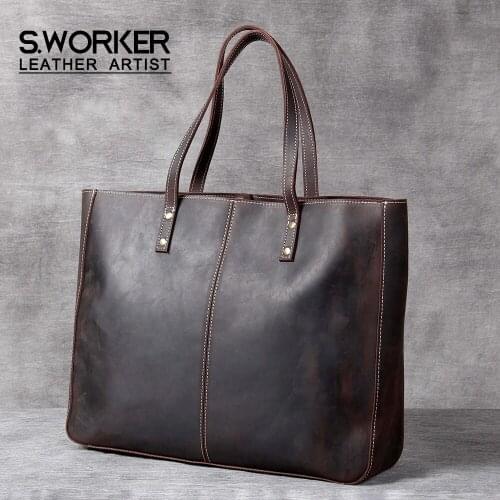 S.WORKER Vintage Genuine Leather Tote Bag Mens Large Capacity Casual Crazy Horse Cowhide Leather Ladies Shopping Bag