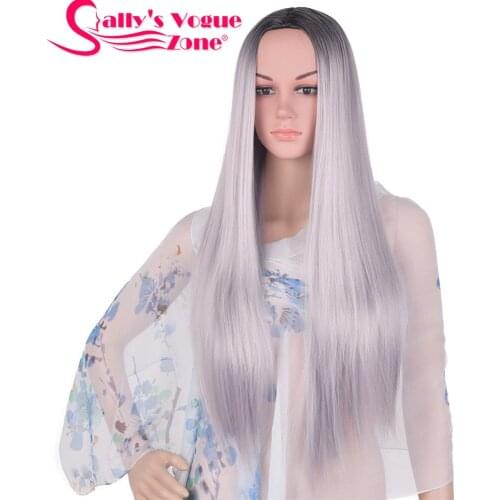 Sallyhair African American Synthetic Long Straight Wigs 24inch Ombre Black Green Light Grey Middle Part For Women