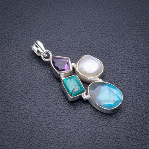 StarGems Natural Blue Fire Labradorite,Amethyst,Biwa Pearl And Tibetan Turquoise Handmade 925 Sterling Silver Pendant 2" D5618