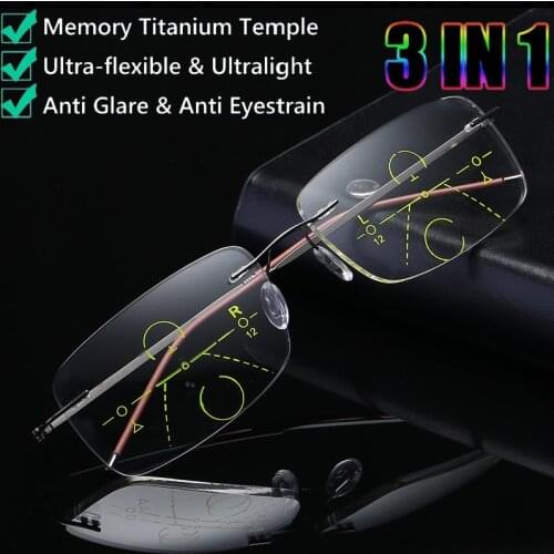 Titanium Progressive multi-focus Reading Glasses Unisex Anti Blue Ray Ultralight Multifunction Rimless Presbyopic Eyeglasses