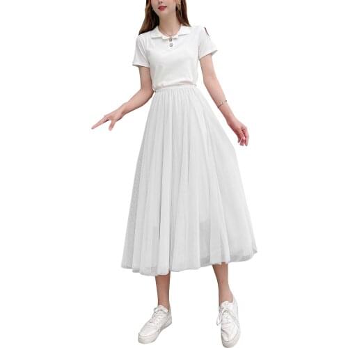 Loose Women Midi Tulle Skirt Casual Elastic High Waist Solid Color Mesh A-Line Tutu Skirt Streetwear
