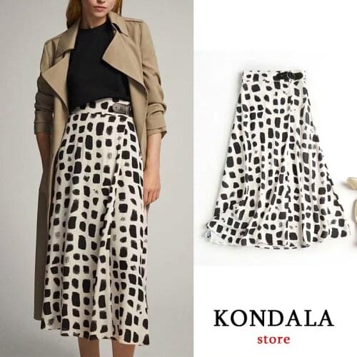 Office lady chiffon skirt spot printed casual long za skirt womens patchwork Leather buckle decoration ancle length jupe femme