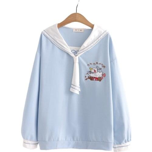 Women Sweatshirts Cartoon Embroidery Tie Collar Hoodies 2020 Autumn Long Sleeve Cotton Pullover Tracksuits Sweet Female Tops