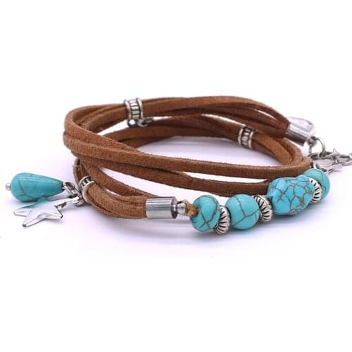 Fashion Leather Rope Bracelet Handmade Beaded Natural Stone Bracelet & Bracelets for Women Bohemian Leather Rope wrist Jewelry