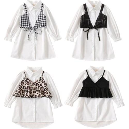 1-6Y Toddler Kids Girl Fashion Dress 2pcs Solid Lapel Single-breasted Shirt Dress + Plaid/Leopard Print Camisole