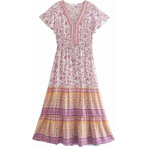 Women Floral Print V Neck Buttom up Dress 2021 Fashion Lady Short Sleeve A-line Holiday Summer Dress Casual Robe Femme Dress