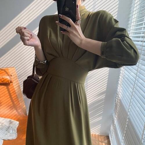 Women Vintage french style A-line Party Autumn Midi Dress Long Batwing Sleeve O neck Elegant Casual Dress Fashion Vestidos