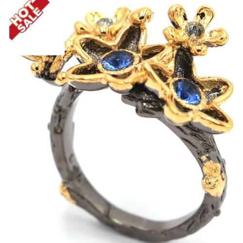 27x17mm Bohemia Vintage Style Flowers Created Deep Blue Sapphire For Women Black Gold Silver Rings Wholesale Drop Shipping