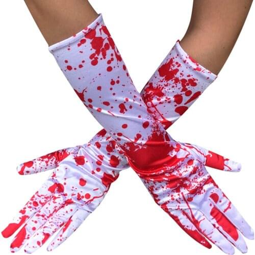 White Red Women Cool Full Finger Glove 2021 Lady Elbow Length Blood Nylon Gothic Gloves Scare Props Halloween Goth Mitterns