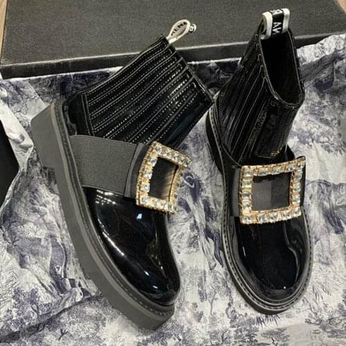 British Metal buckle boots women japanned leather shoes sock boots women star style botas mujer crystal buckle ankle boots 2020