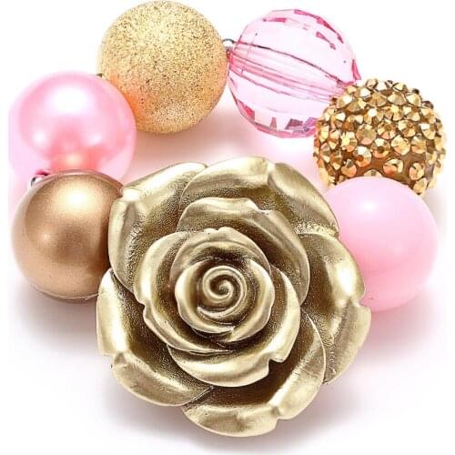 Cute Infants Girls Gold Flower Chunky Bubblegum Beads Strand Bracelets Bangle Kids Toddler Birthday Gift Dress Matched Bracelet