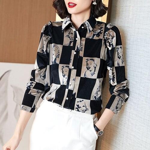 COIGARSAM Fashion Full Sleeve Shirt Womens tops New Spring Casual Print Chiffon Women shirts Black 2143
